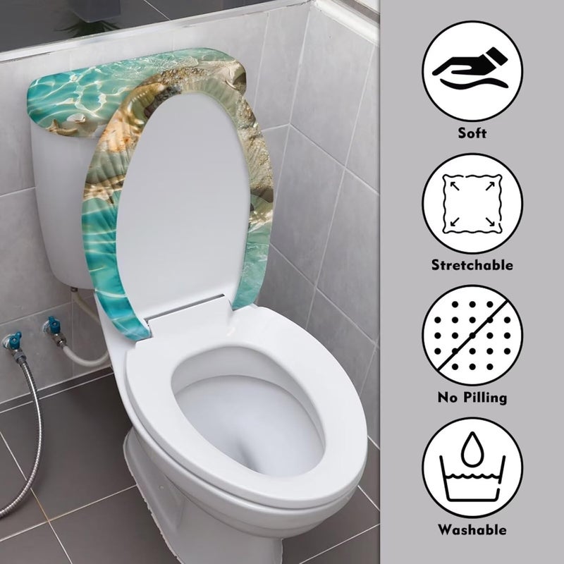 CREAMIC Sea Shell Toilet Lid Cover and Toilet Tank Cover 2 Piece Set Toilet Seat Cover with Elastic Edge Keep Dust Stain Machine Washable Seat Covers Fits Most Lids for Accessories Decor - Image 3